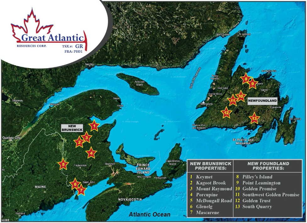 A map of properties owned by Great Atlantic Resources Corp. in New Brunswick and Newfoundland, Canada.